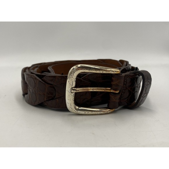 Cole Haan Mens Leather Solid Brass Belt Brown Gold 34 USA- Read - Picture 1 of 8